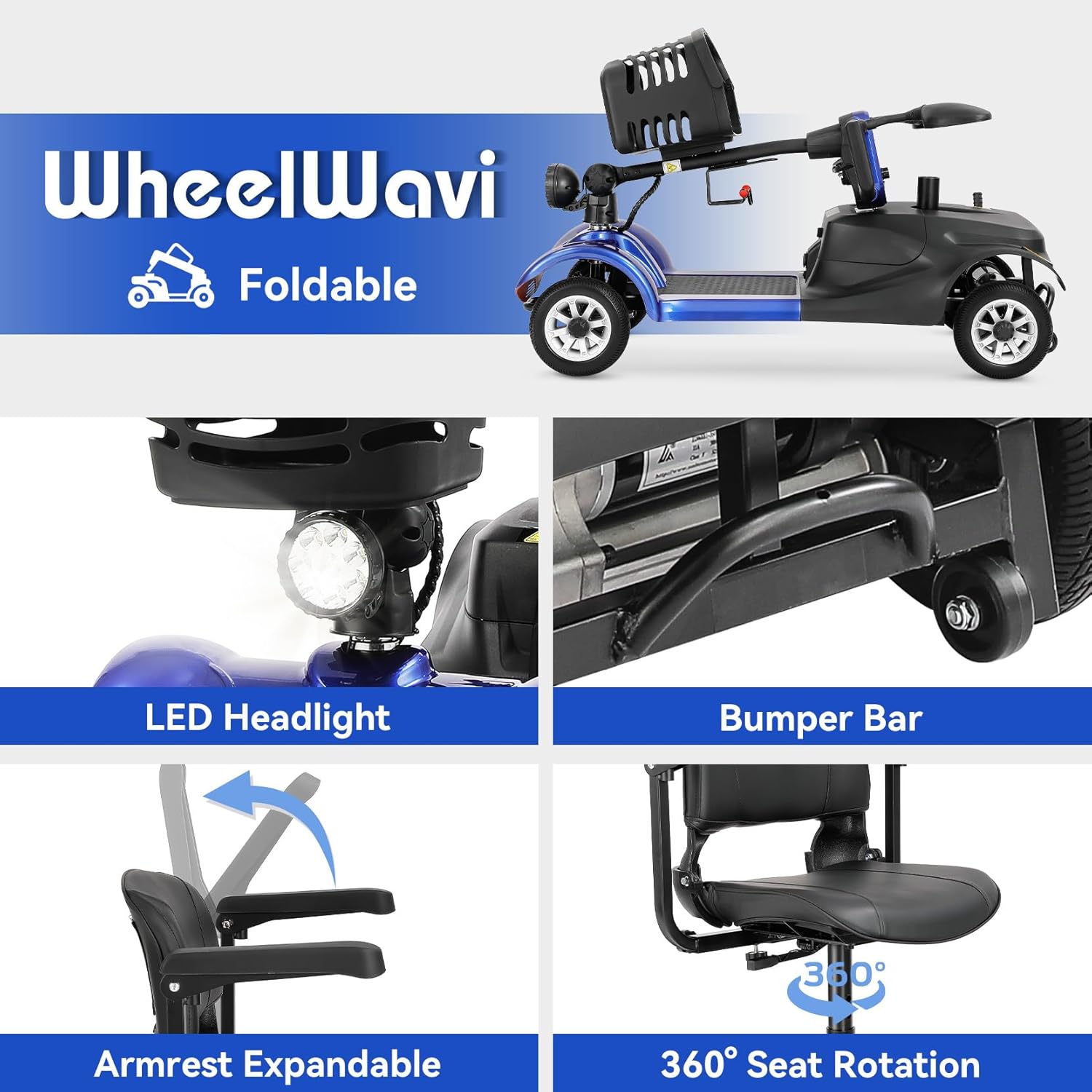 WheelWavi Powered Mobility Scooter, 4-Wheel Foldable Electric Scooter for Seniors & Adults – Heavy Duty Travel Model with 330 lbs Capacity, 350W Motor, Long-Lasting Battery, Front Basket & LED-14.9MI