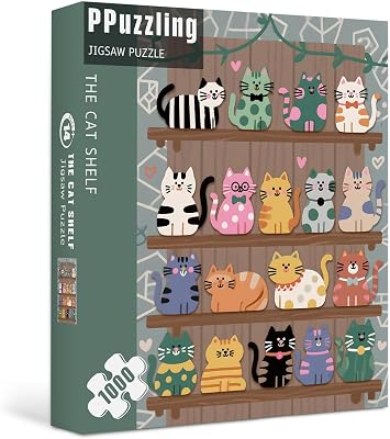 Cat Puzzles for Adults 1000 Pieces, Colorful Bookshelf Kitten Jigsaw Puzzles, Challenging Cute Animal Puzzle as Home Wall Art
