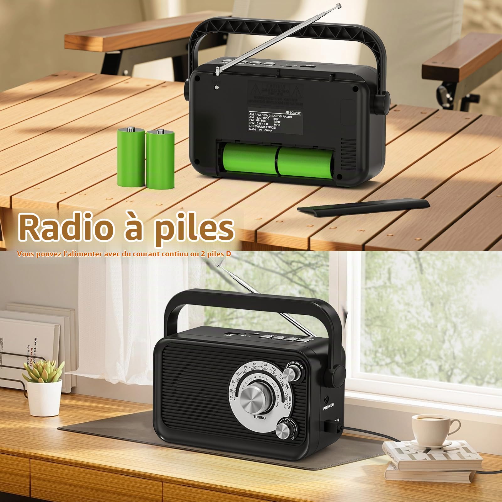 Radio Portable, Radio Portables FM/AM/SW, Alimentation Électrique et Piles, Radio à Piles avec Fonction Bluetooth et MP3, Radio Pourbureau/Cuisine/Camping/Urgences