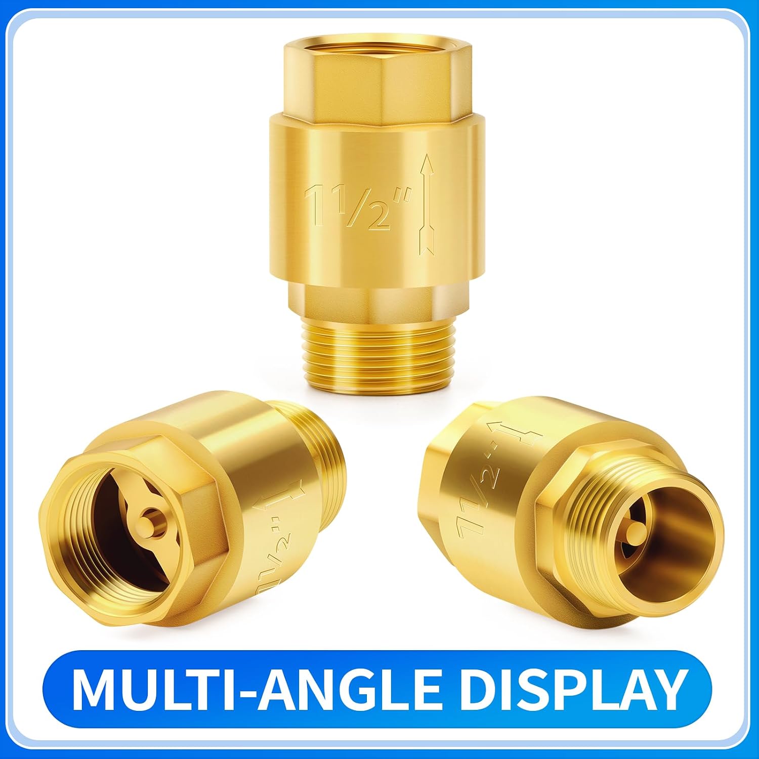 ChillWaves Brass In-Line Spring Check Valve 1-1/2" NPT Male x 1-1/2" NPT Female Thread, One-Way Non-return Vertical Check Valve for Backflow Prevention(1-PACK)