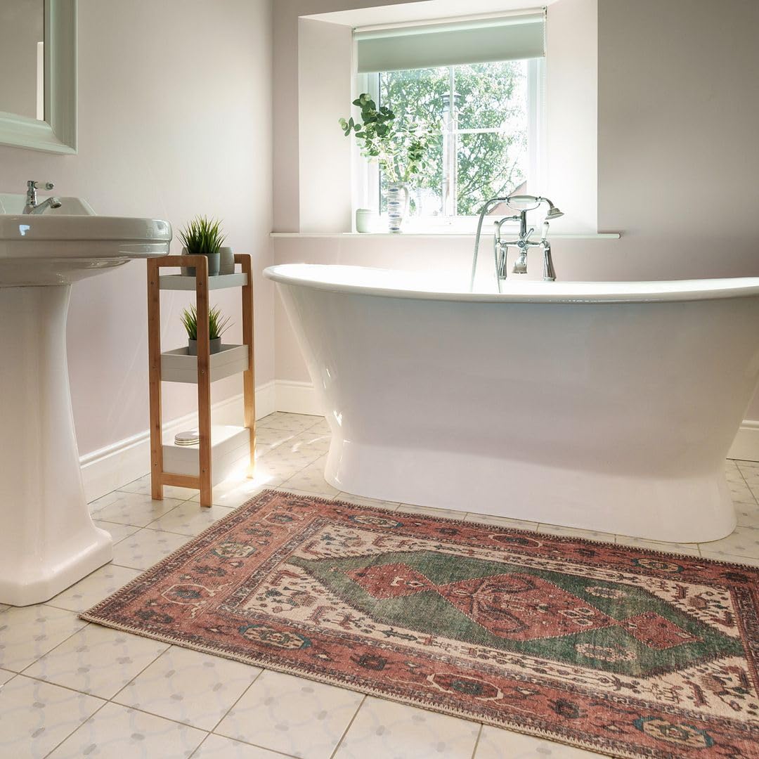 Washable Bathmat Distressed Terracotta Green Bathroom Rugs Recycled Cotton Liquid and Stain Resistant Home Hallway Rug 60cm x 110cm (1ft 12" x 3ft 7")