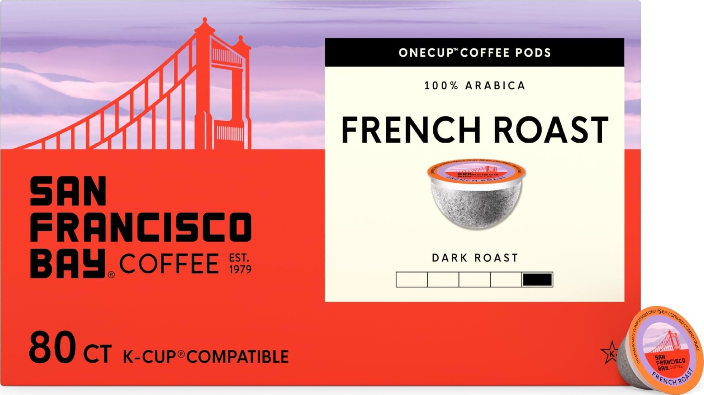French Roast K-Cup Compatible Coffee Pods, 80 ct | Commercially compostable single-serve pods, dark roast delivers a bold, smooth cup in any K-Cup brewer