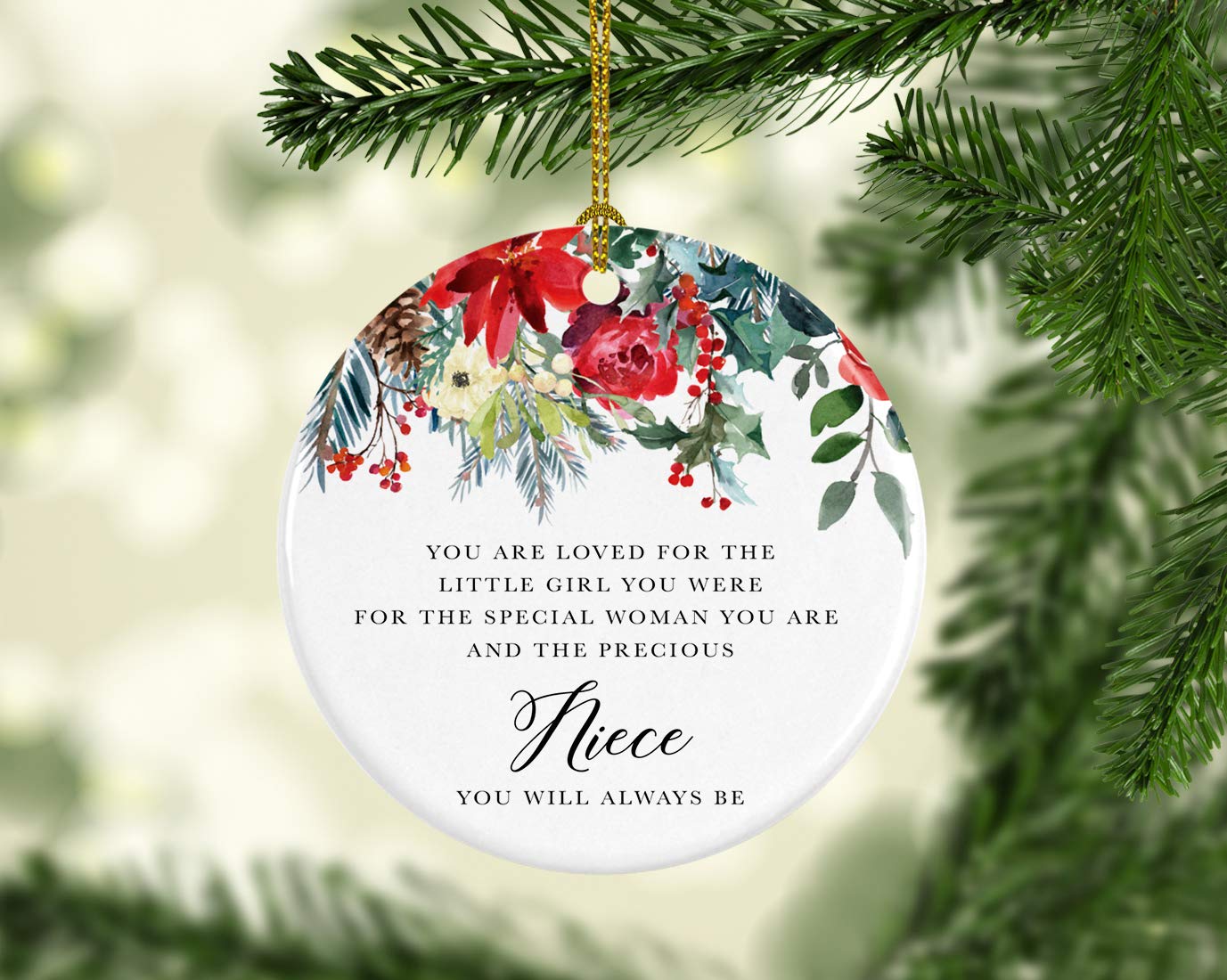 Andaz Press Round Ceramic Porcelain Christmas Tree Ornament for Nieces, You are Loved for The Little Girl You were - for The Special Woman You are, 1-Pack Niece Ornament Niece Christmas Ornaments