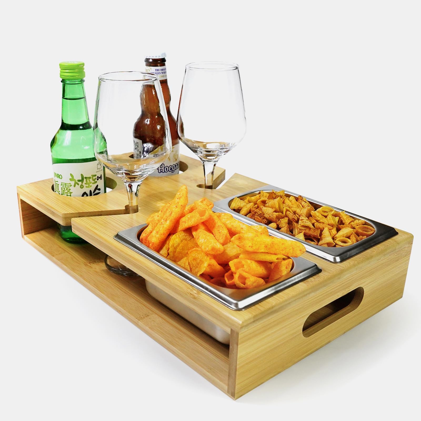 KIMIGO Couchbar Snackbox Mit Edelstahl Schalen - Sofa Tablett Mit Getränkehalter & Fächern