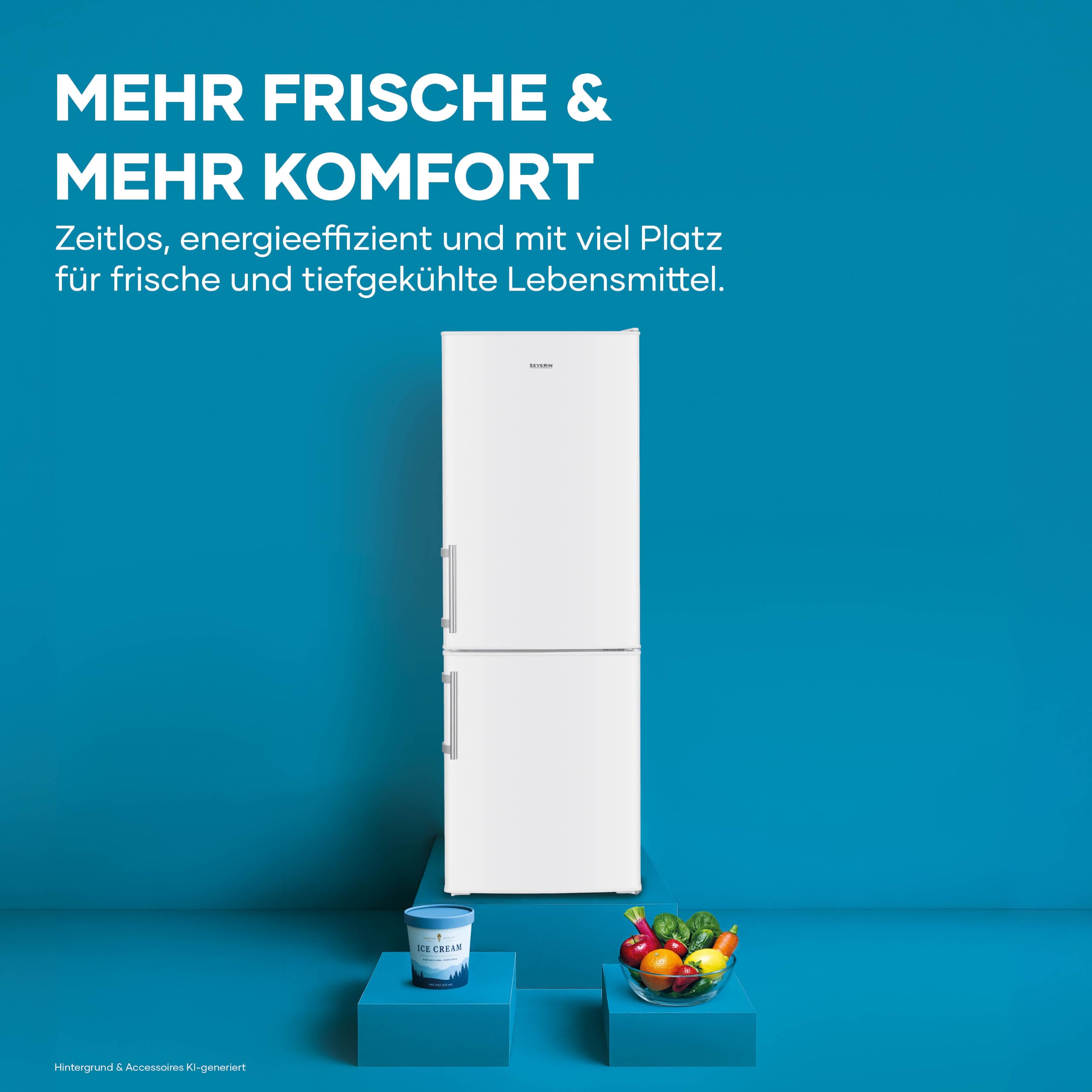 SEVERIN Kühl-Gefrierkombination, Energieeffizienzklasse C, Kühlen 121L, Gefrieren 52L, LED Beleuchtung, 142,5 cm Höhe, 4-Sterne-Gefrierfach, verstellbare Ablagefläche, 124 kWh, weiß/Metall, DT 8770
