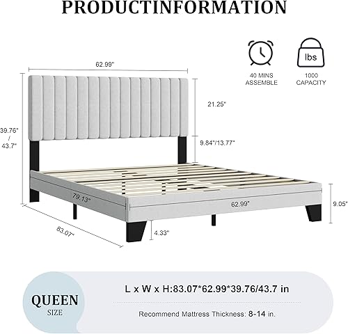 Miniatura 2 de Base de cama tamaño Queen, plataforma tapizada con cabecero ajustable, estructura resistente y listones de madera, silenciosa, no necesita somier,