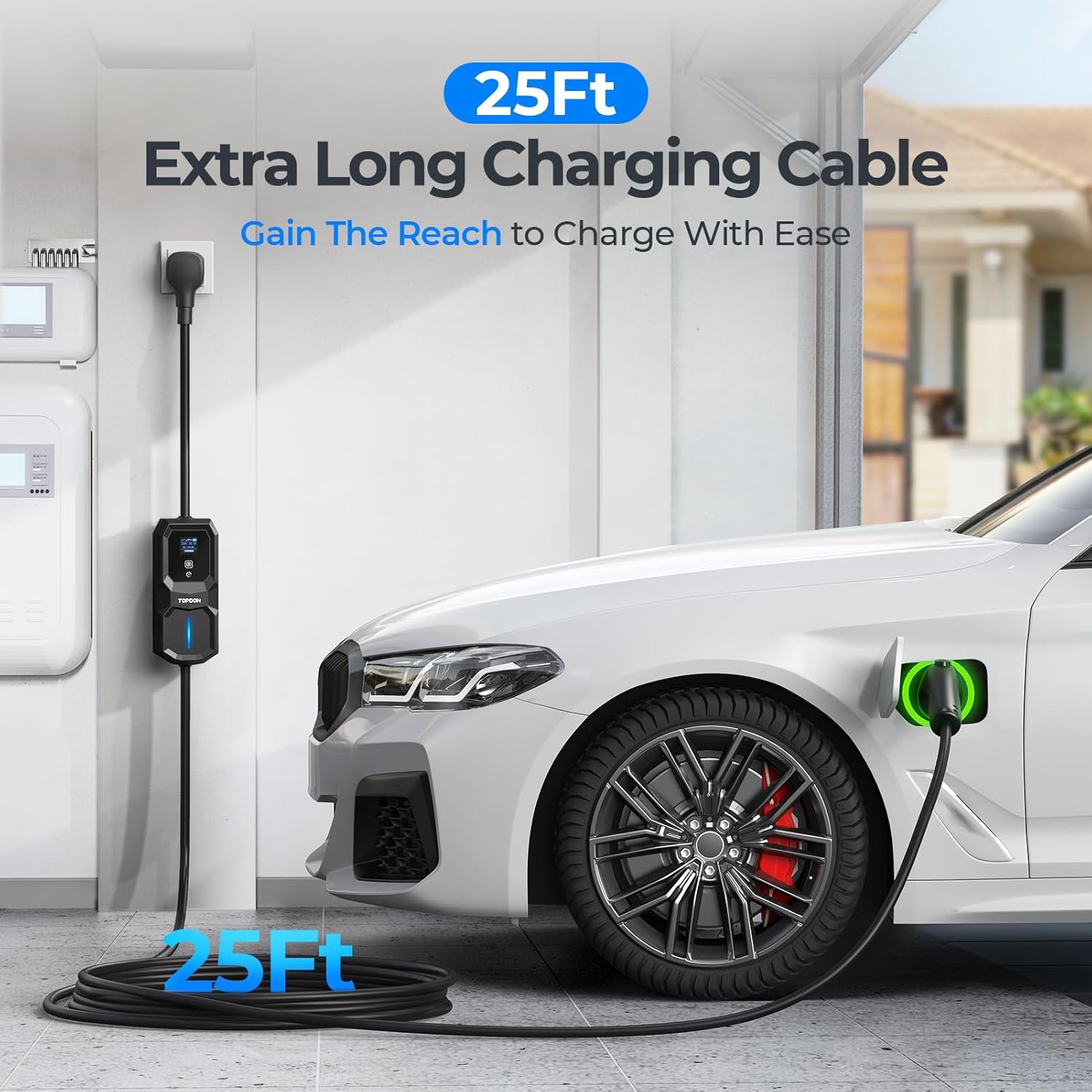 TOPDON EV Charger with 25-foot cable reaching an electric vehicle