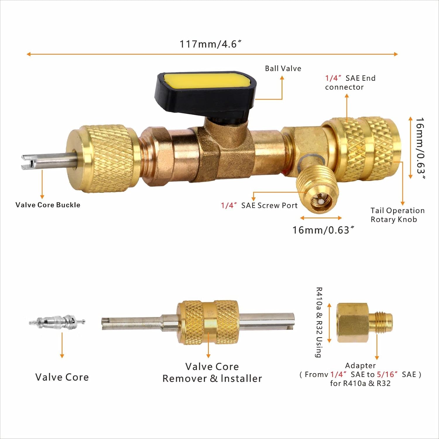 Valve Core Removal Tool，HVAC Tool，Valve Core Remover Tool with Dual Size SAE 1/4 & 5/16 Port, 20 Valve Cores with Teflon Seal, Compatible with HVAC R22 R12 R407 R410 R404 R32 R600 A/C