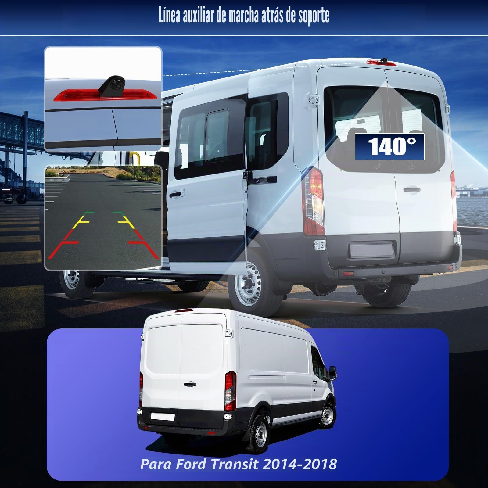 CAMECHO Cámara Trasera HD Visión Nocturna IP67 Cámara Impermeable para Ford Transit 2015-2017 Tercera luz de Freno con Gran Angular 140°, 12V, 10M Conexión por Cable
