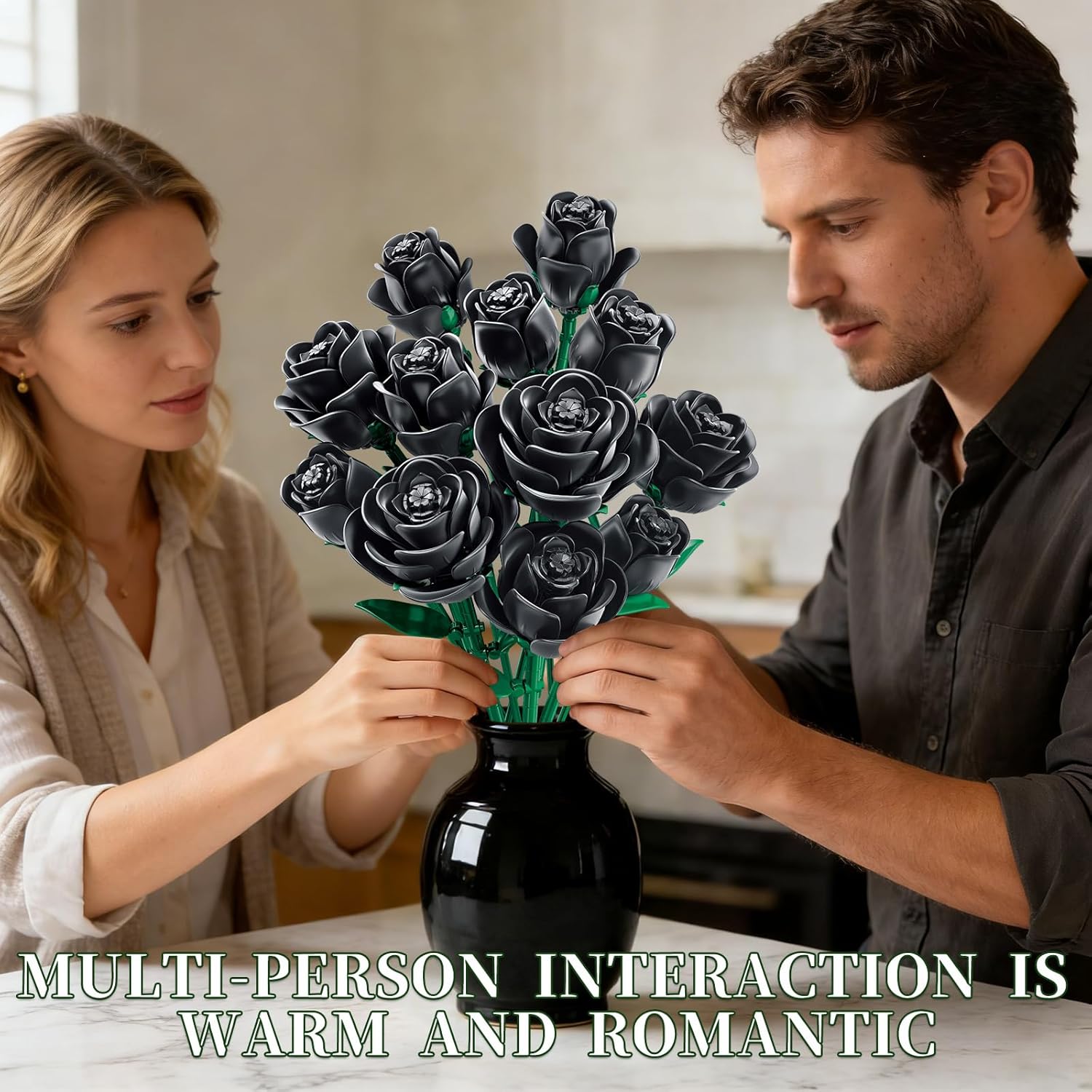 Black Rose Flower Building Blocks Bouquet 12 PCS Gothic Artificial Roses DIY Botanical Set Home Office Decor Gift for Women Adults Teens Valentines Day Mothers Day 512 PCS