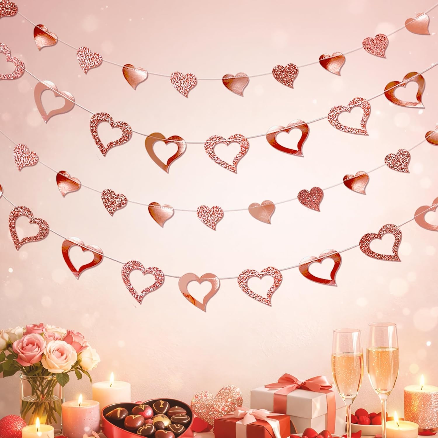 Cheerland Rose Gold Heart Garland Glitter Valentine Day Mothers Day Wedding Engagement Anniversary Bridal Shower Baby Shower Bachelorette Party Decorations Backdrop Banner Hanging Decor - Image 7