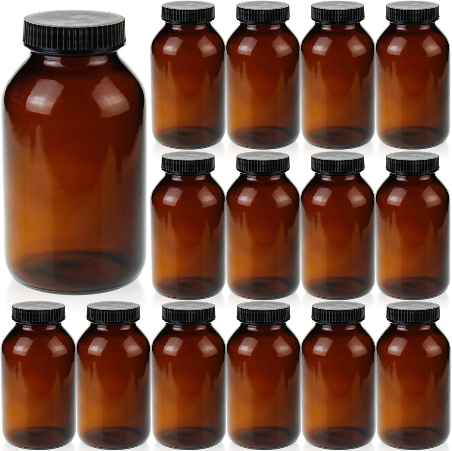 250 ml(8.3 OZ) Amber Glass Wide Mouth Packer Bottle with Black Ribbed Cap, Pack of 24 bottles