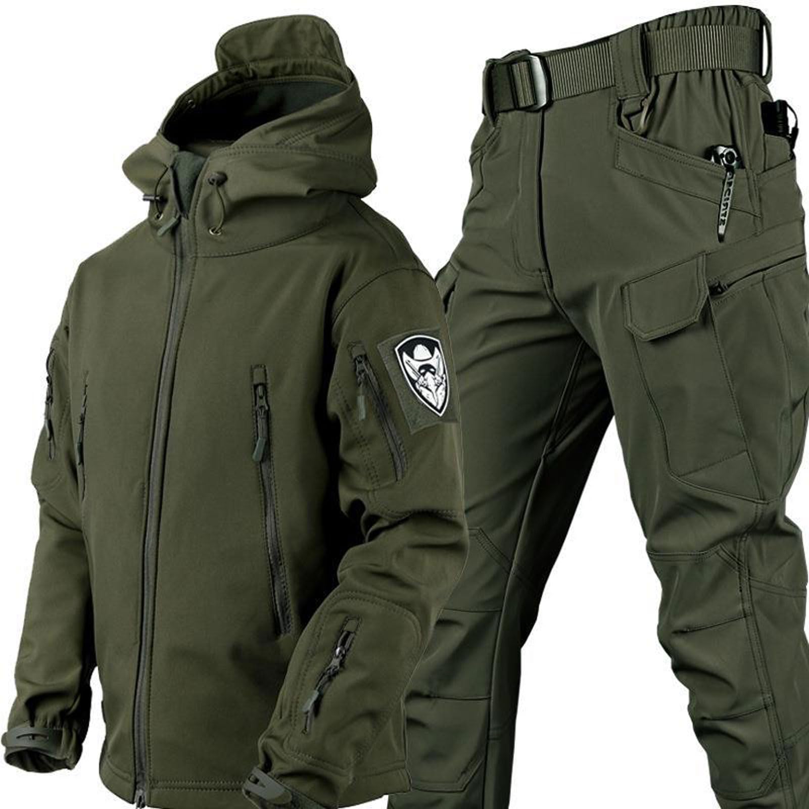 Keaan Men's Army Green Fishing Suits Winter Shark Skin Soft Shell Fleece Thick Mountaineering Camping Clothes Tactics Training Waterproof Set-||S