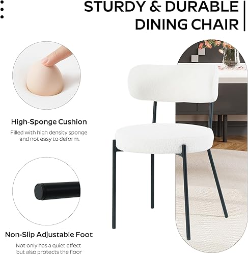 Miniatura 5 de Moderno juego de mesa de comedor redonda de 5 piezas, mesa de MDF circular negra y 4 sillas de comedor blancas Boucle, muebles de cocina con marco