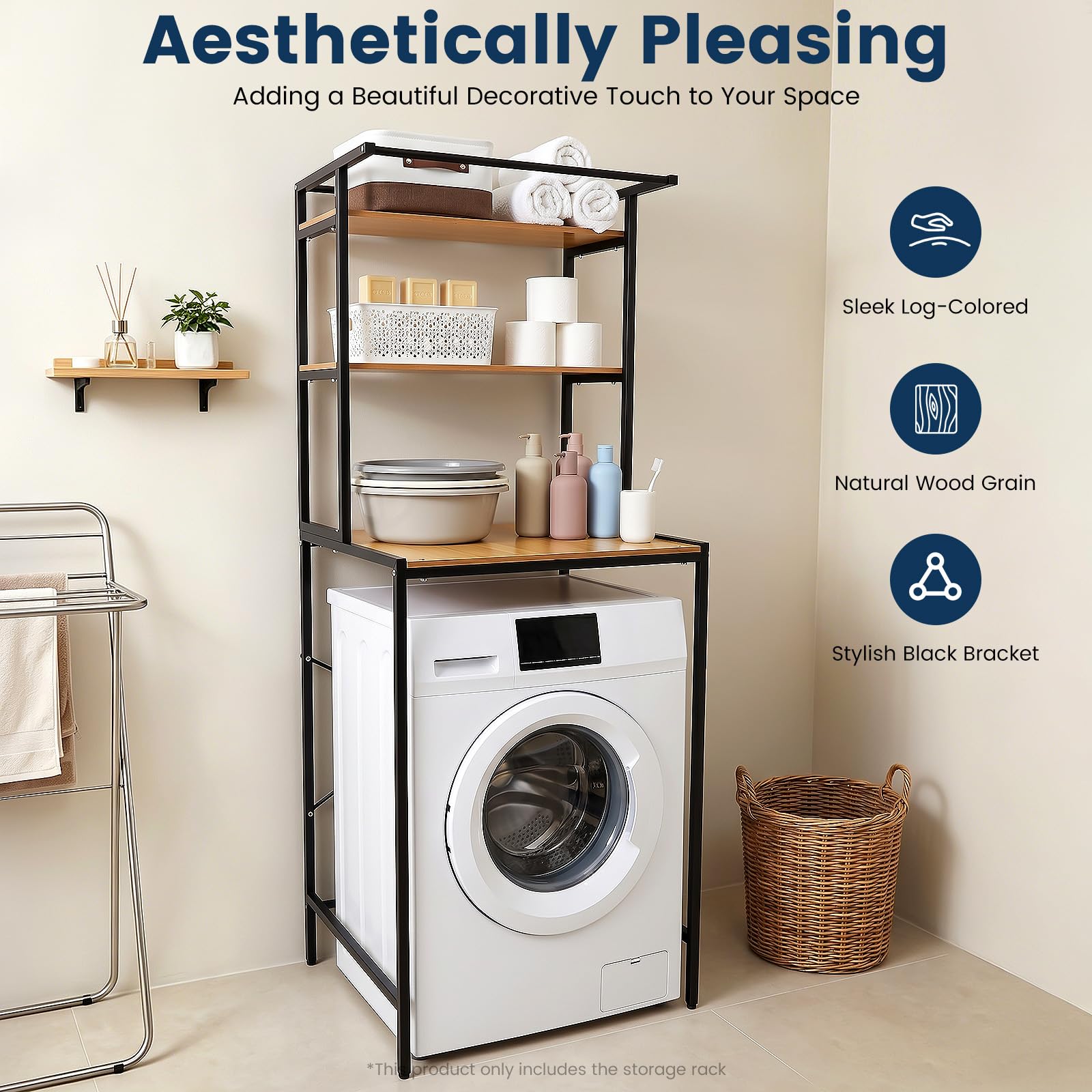 Waschmaschinenregal, WC Regal über Waschmaschine Toilette, Waschmaschinenschrank Überbauschrank, Toilettenschrank, 3 Ablagen, Handtuchhalter, Metall Holzwerkstoff, 69 cm x 60 cm x 176,5 cm