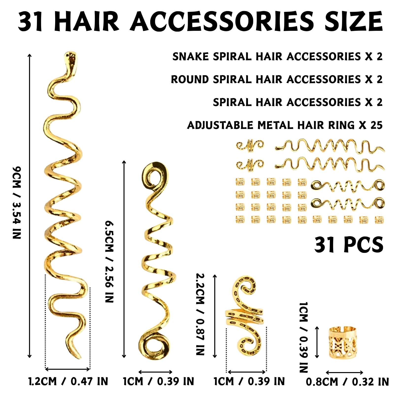 LUFFLOK 31 Pieces Gold Hair Locs, Adjustable Hair Rings and Charms for Dreadlocks Braids Metal Hair Clips - Image 2