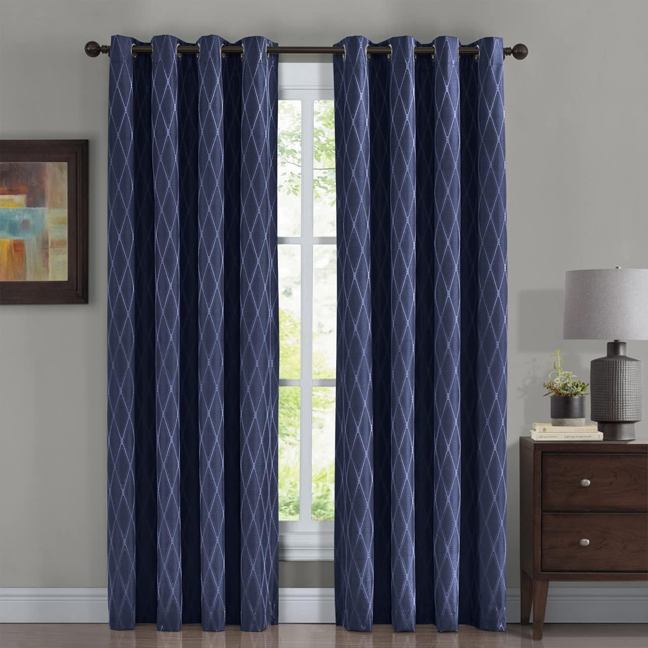 Royal Bedding Victoria Thermal Blackout Panels, Top Grommet Jacquard Room Darkening Window Curtains, Pair, Set of 2 Panels, 54 inches Width by 63 inches Long Each Panel, Navy