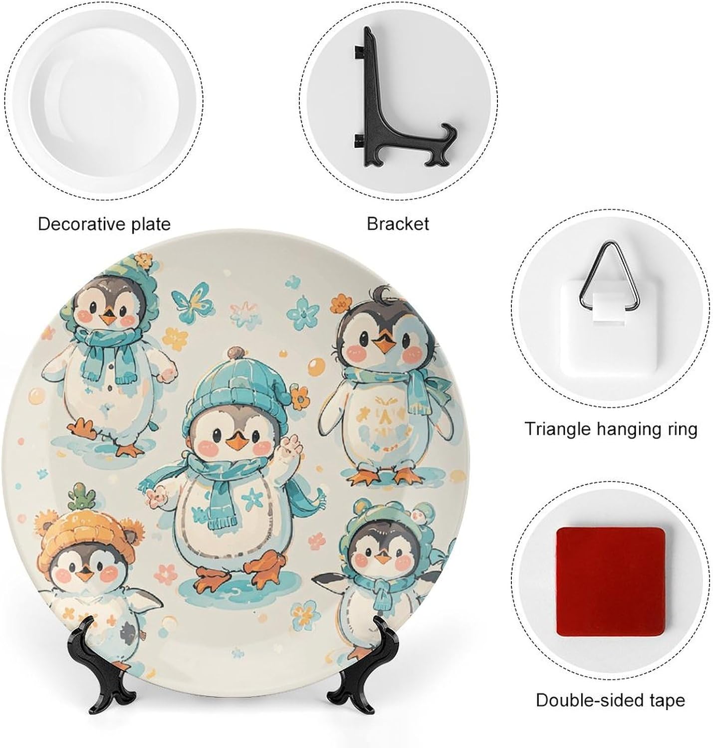 Ceramic Decorative Plates Many Cute Baby Penguins Sketch Decorative Plate with Display Stand Cabinet Display Plates Personalized Ceramic Plates for Home Decor 7inch image 3