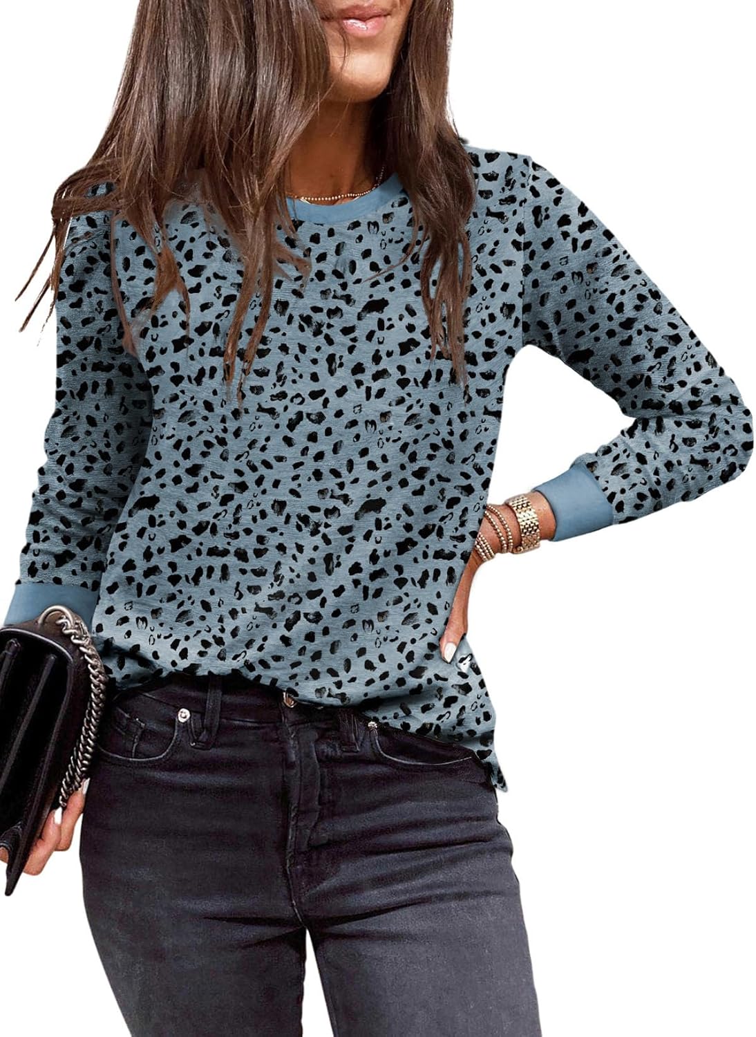 BLENCOT Long Sleeve Tops for Women Crewneck Leopard Print Casual Blouse Trendy Fall Sweatshirt Graphic Tunic Winter Clothing