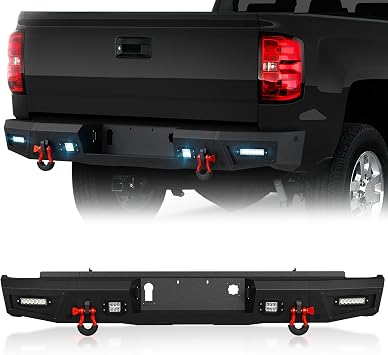 YZONA Pickup Truck Rear Step Bumper Compatible for 2014-2018 Chevy Silverado 1500 & GMC Sierra 1500 Off-Road Bumper Consists of Sensor Holes, Paintable Decor, 4 x 18W LED Lights & D-rings Black