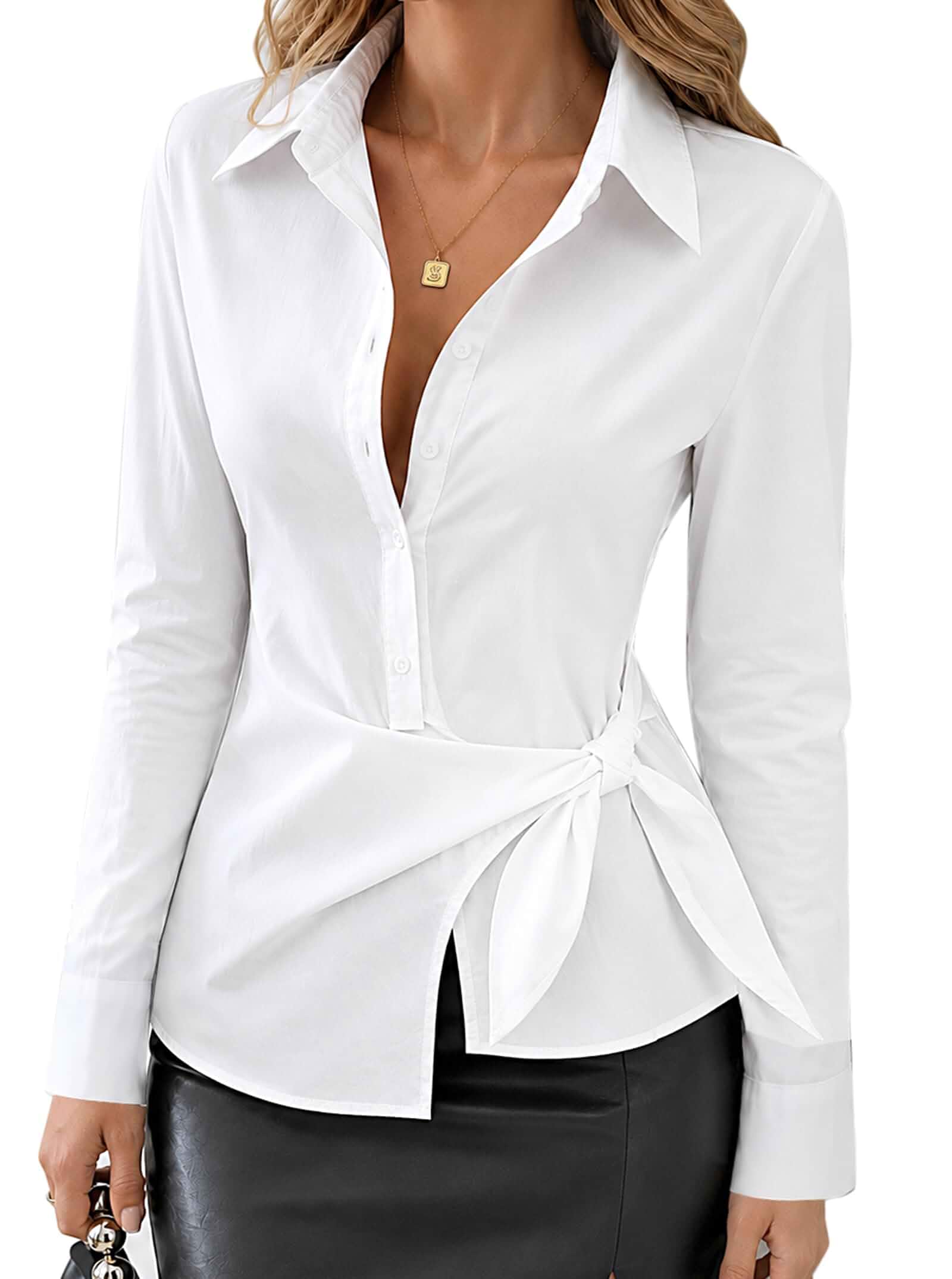 Avanova Women Side Tie Waist Button Down Long Sleeve Blouse Adjustable Tie front Tops, Collared V Neck, Button Up, 100% Cotton, Knot Front, Business, Dressy Casual for Office, Work