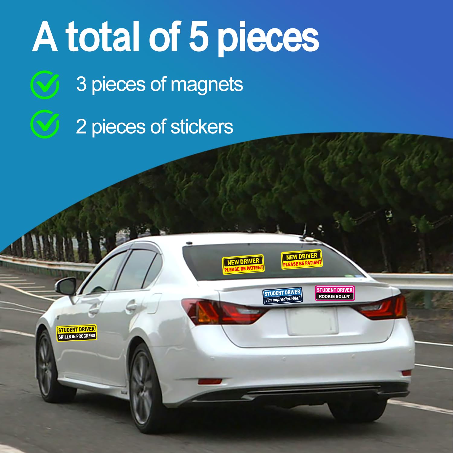 Student Driver Magnet for Car?Reflective Detachable Student Driver Sticker Magnet Novice Safety Signs for Cars 3 Magnetic Bumper Stickers with 2 Paste 9 x 3.5 Inch