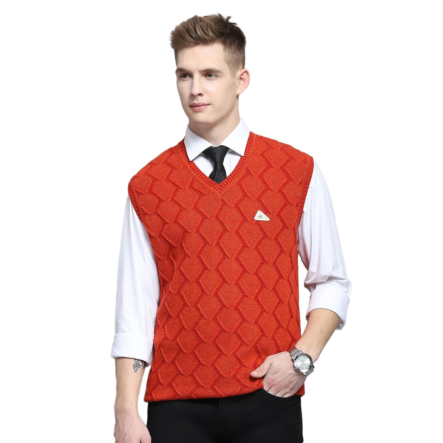 Men's Wool Blend Self Design Rust V Neck Sleeveless Sweater_1243179SL-1