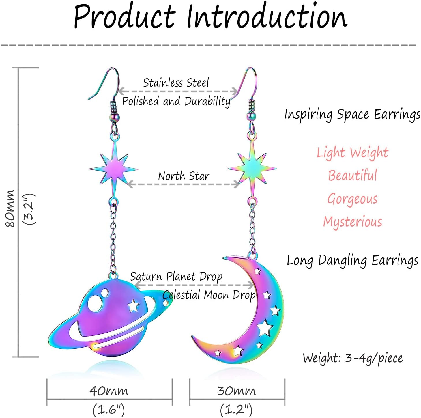 REELMAR Space Dangle Earrings for Women Asymmetrical Celestial Moon Star Saturn Earrings Dangling Crescent Moon Planet Drops Gorgeous Mysterious Space Statement Jewelry - Image 6