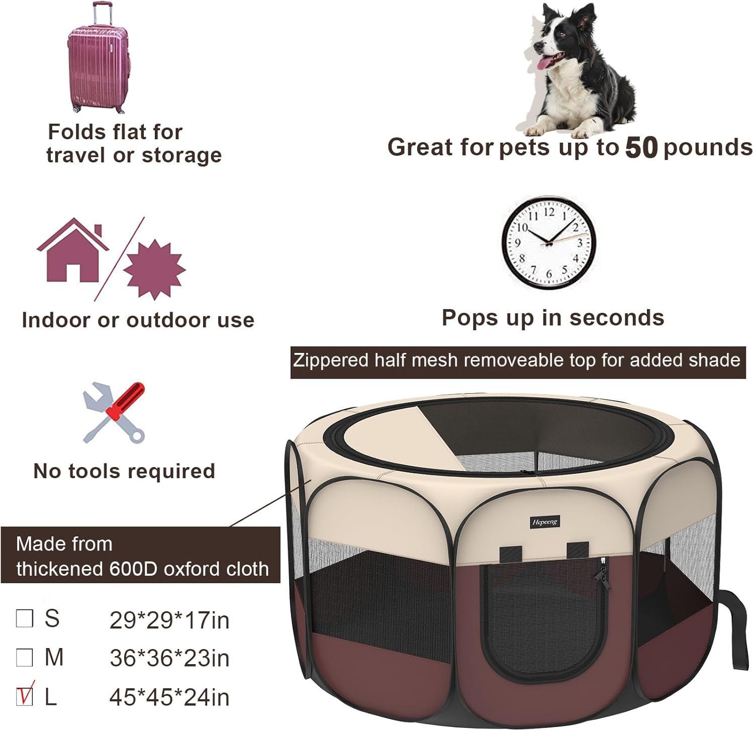 Portable Pet Playpen, 8-Panel Indoor/Outdoor Puppy Pen with Shade Cover & Travel Bag - Waterproof Dog Cat Tent Includes Collapsible Bowl Brown Large(45"x45"x24" with free bonus)