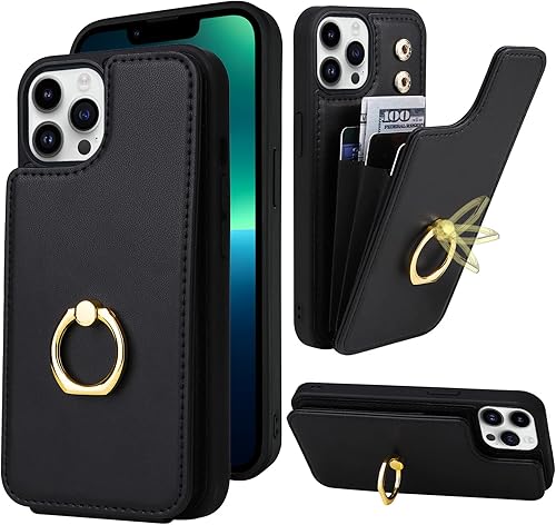 TopPerfekt Funda compatible con iPhone 13 Pro Max con tarjetero y rotación de 360, soporte de anillo de dedo con función atril, bloqueo RFID, piel
