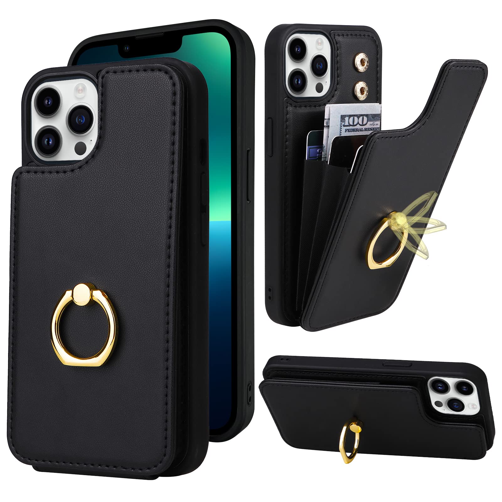 TopPerfekt Compatible with iPhone 13 Pro Max Wallet Case with Card Holder, 360°Rotation Finger Ring Holder Kickstand Protective RFID Blocking PU
