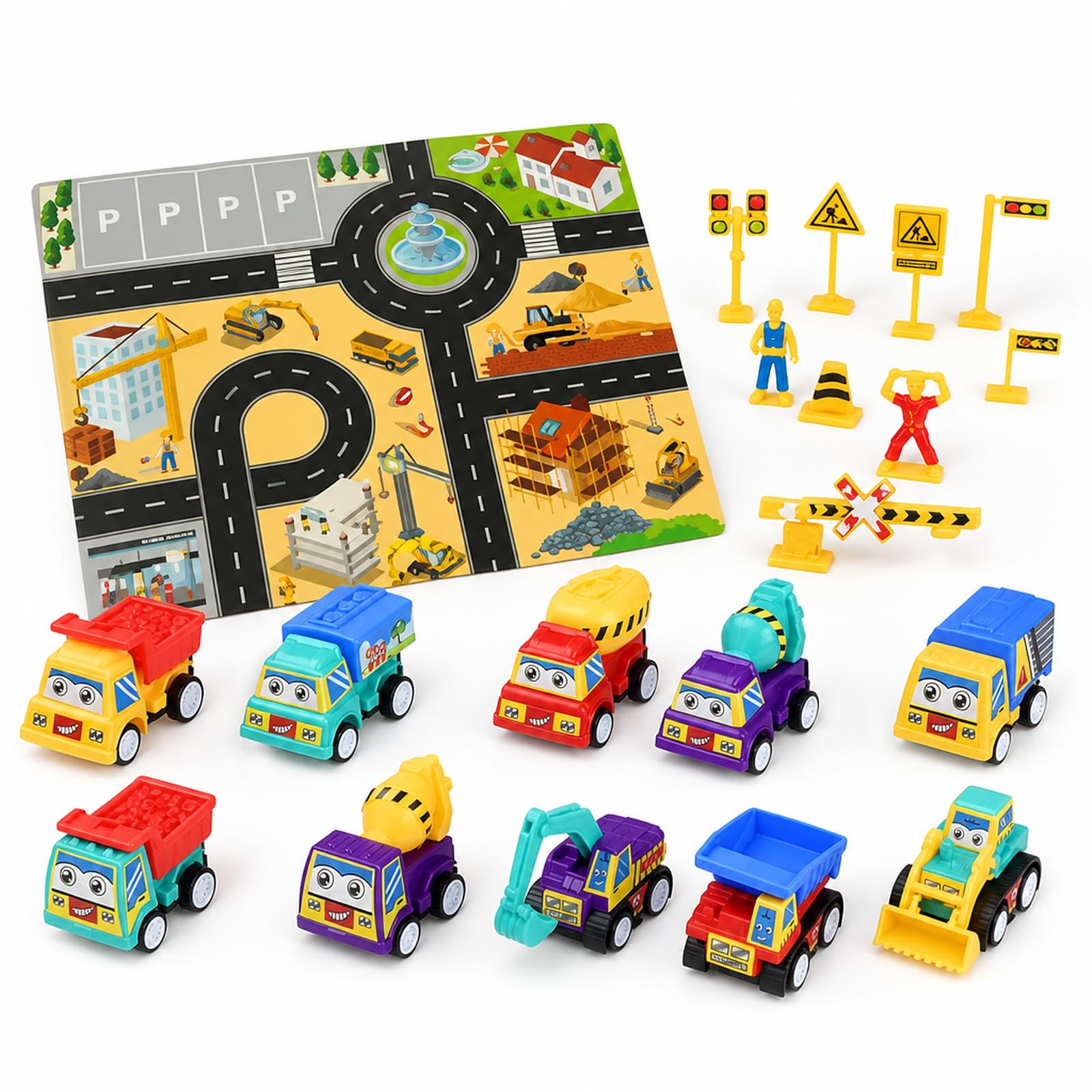 22PCS Construction Vehicle Set, Mini Trucks with Road Map for Floor Scenes