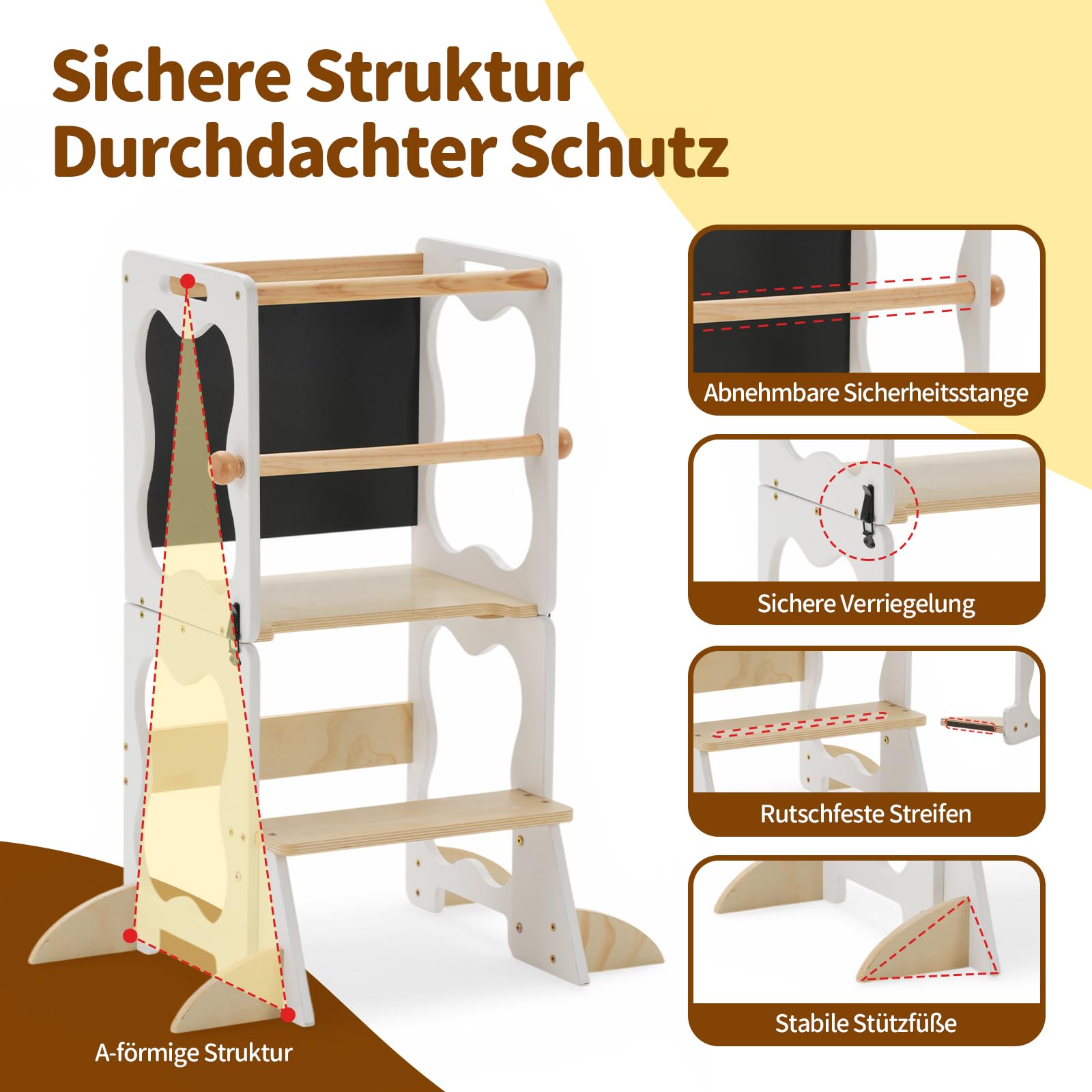 COSYLAND Lernturm Kinder 3in1 Küchenhelfer mit Tafel & Geländer Weiß | Wandelbar zu Tisch & Stuhl, ideal für Küche und Alltag. Stabil, sicher, pflegeleicht und perfekt für Ihr Kind.