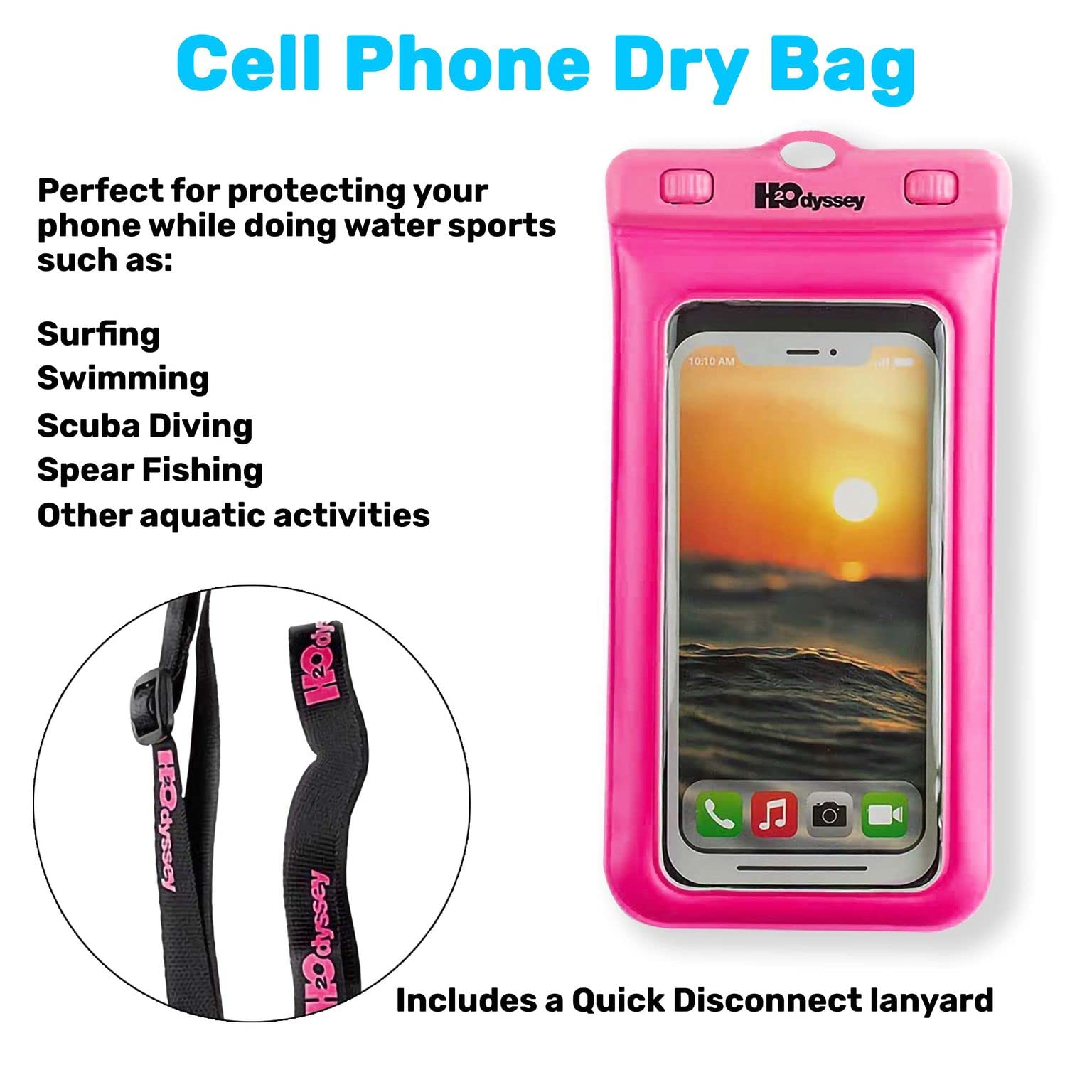 H2Odyssey Funda impermeable para teléfono y cordón, excelente protección impermeable, flota en el agua (6.5 pulgadas de alto x 3.25 pulgadas de ancho x 0.5 pulgadas de grosor, morado)