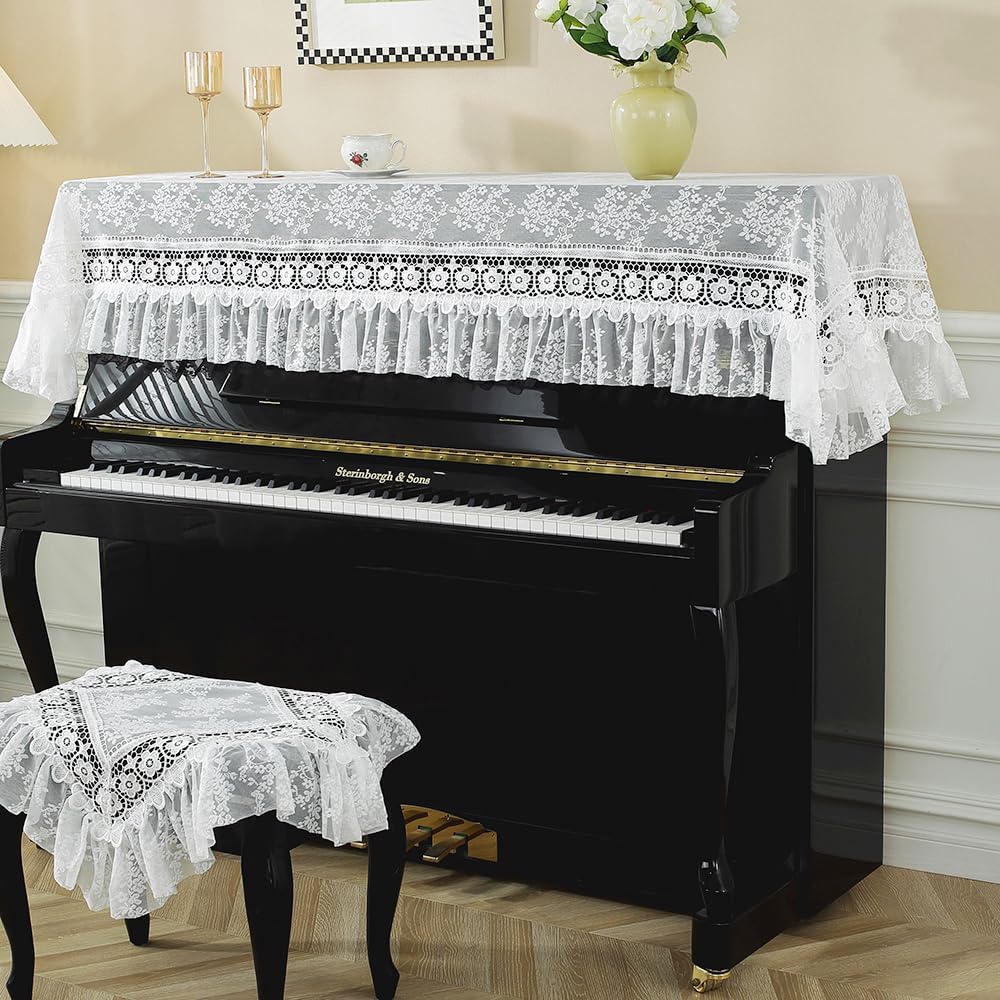 Elegant White Lace Piano Cover with Ruffled Edge, Victorian Style Floral Tablecloth, Decorative Dust Protector for Upright Piano