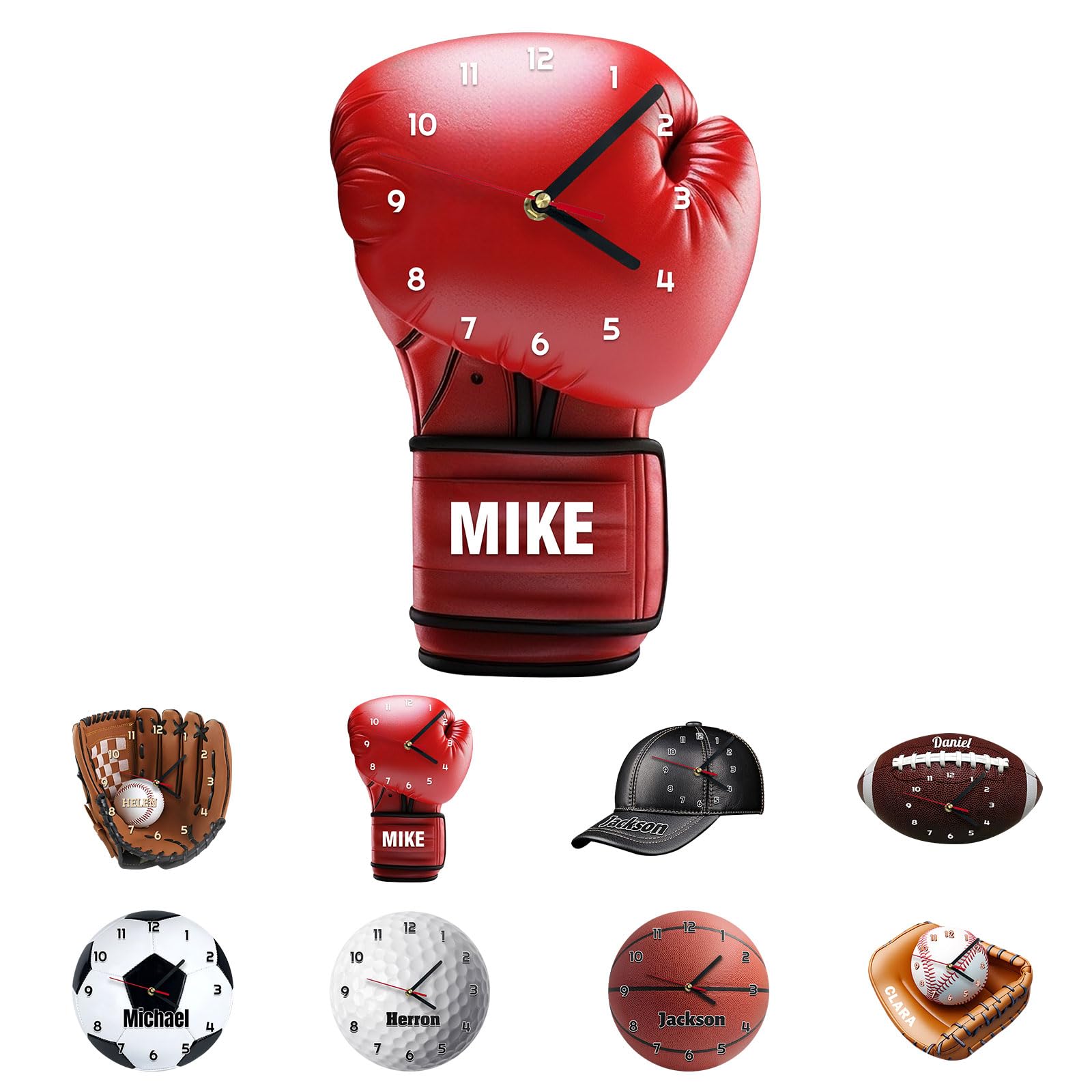 Cadeaux pour hommes,Horloge murale personnalisée avec nom, Horloge silencieuse avec gants de boxe,Décoration intérieure de la chambre à coucher et du salon avec texte personnalisable