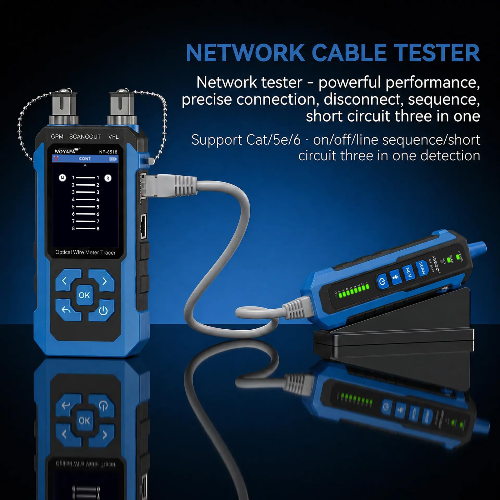 NOYAFA NF-8518 Netzwerkkabeltester mit Optischem Leistungsmesser - RJ45/RJ11, VFL, PoE, NCV, Längentest, Wire Mapping für CAT5/CAT6