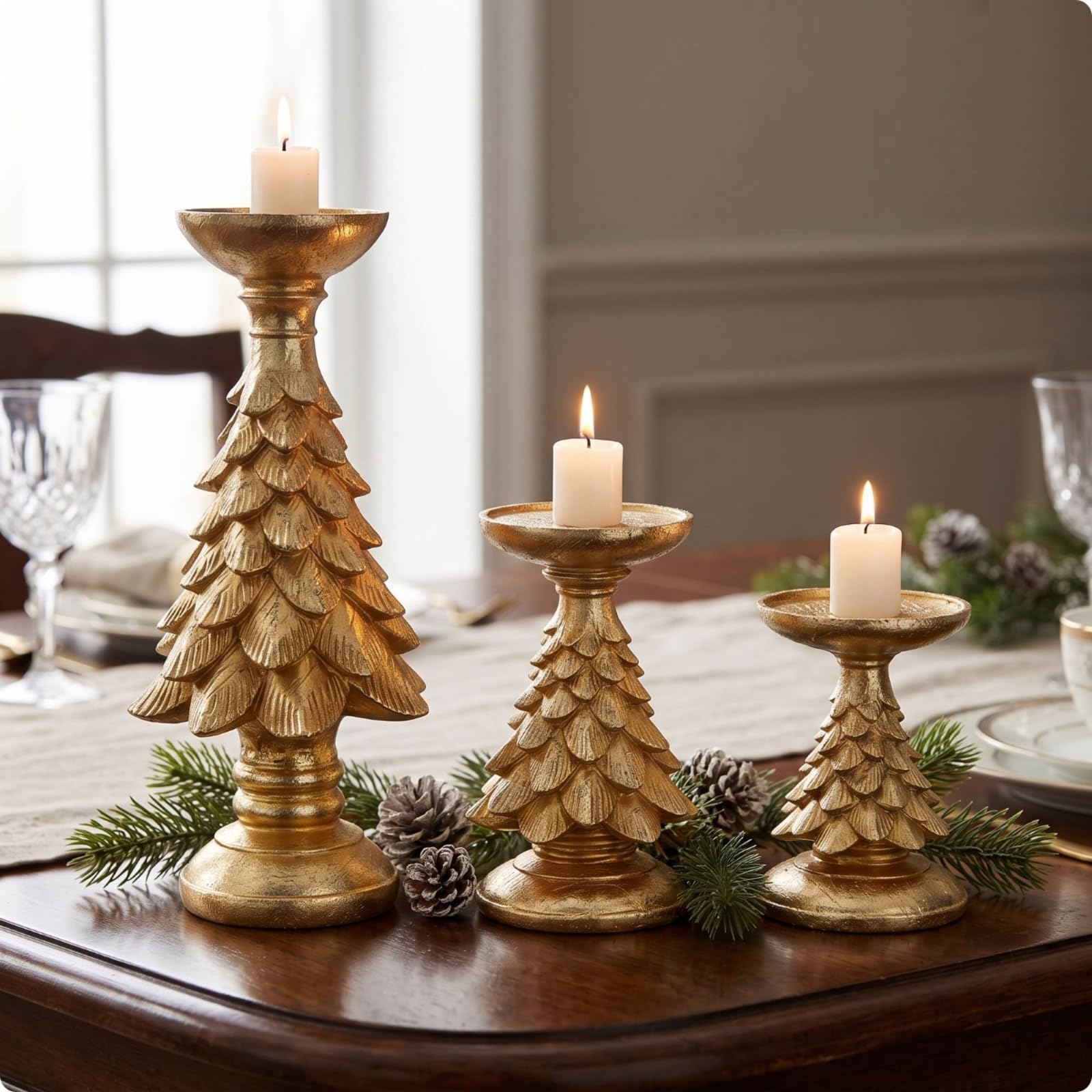 Portacandele in Resina Portacandela Albero di Natale Conifera Ornata Coppa per Tealight Struttura Stabile Base Arrotondata Adatto per Tavolo Centrotavola Ingresso, Oro, Set Da Tre