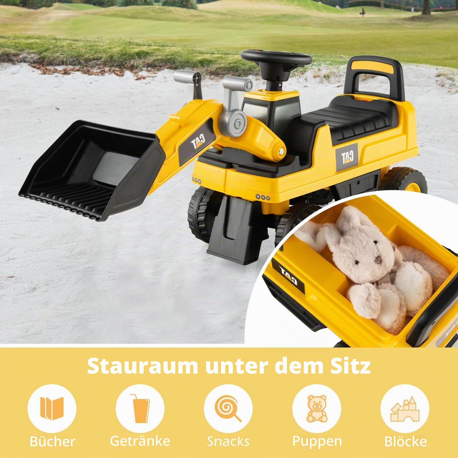 SOARS Sitzbagger, Kinderbagger mit Lenkbarer Schaufel, Rutschauto mit Hupe, verstecktem Stauraum & Kippschutz, Bagger zum Draufsitzen bis 25 kg belastbar, für Kinder ab 1 Jahr