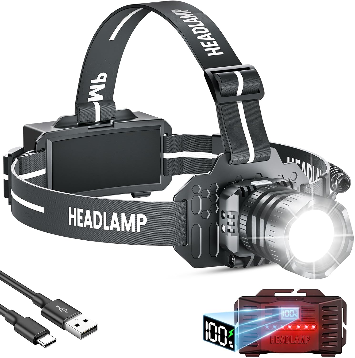 Super Bright 2980LM LED Rechargeable Headlamp with 9 Modes & IPX6 Waterproof for Outdoor Use