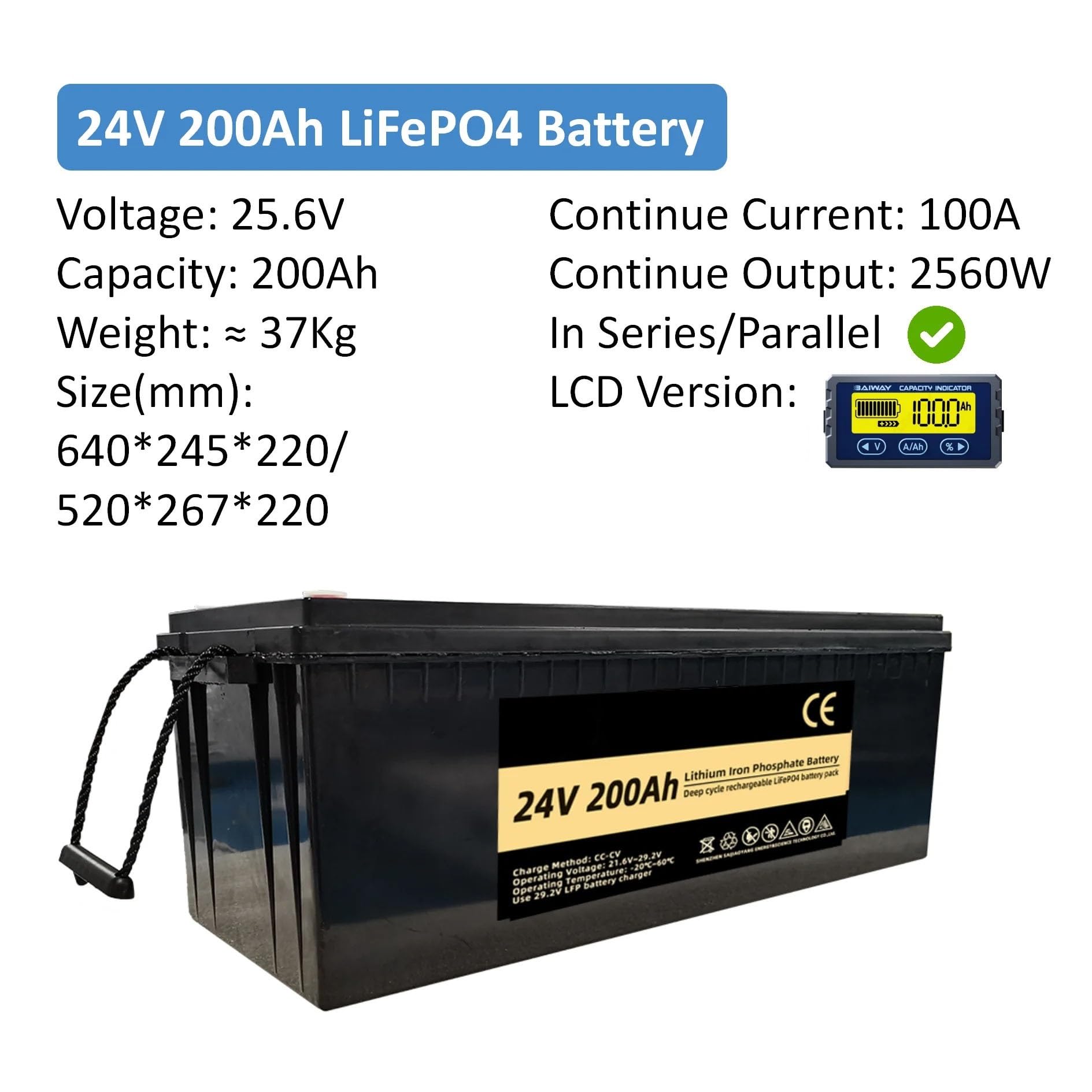 Batteria A Ciclo Profondo Batteria Al Litio Lifepo4 100Ah 200Ah 12V 24V | Con BMS intelligente for accumulo di energia solare con inverter for camper e barche - Oltre 6000 cicli(24V200AH)