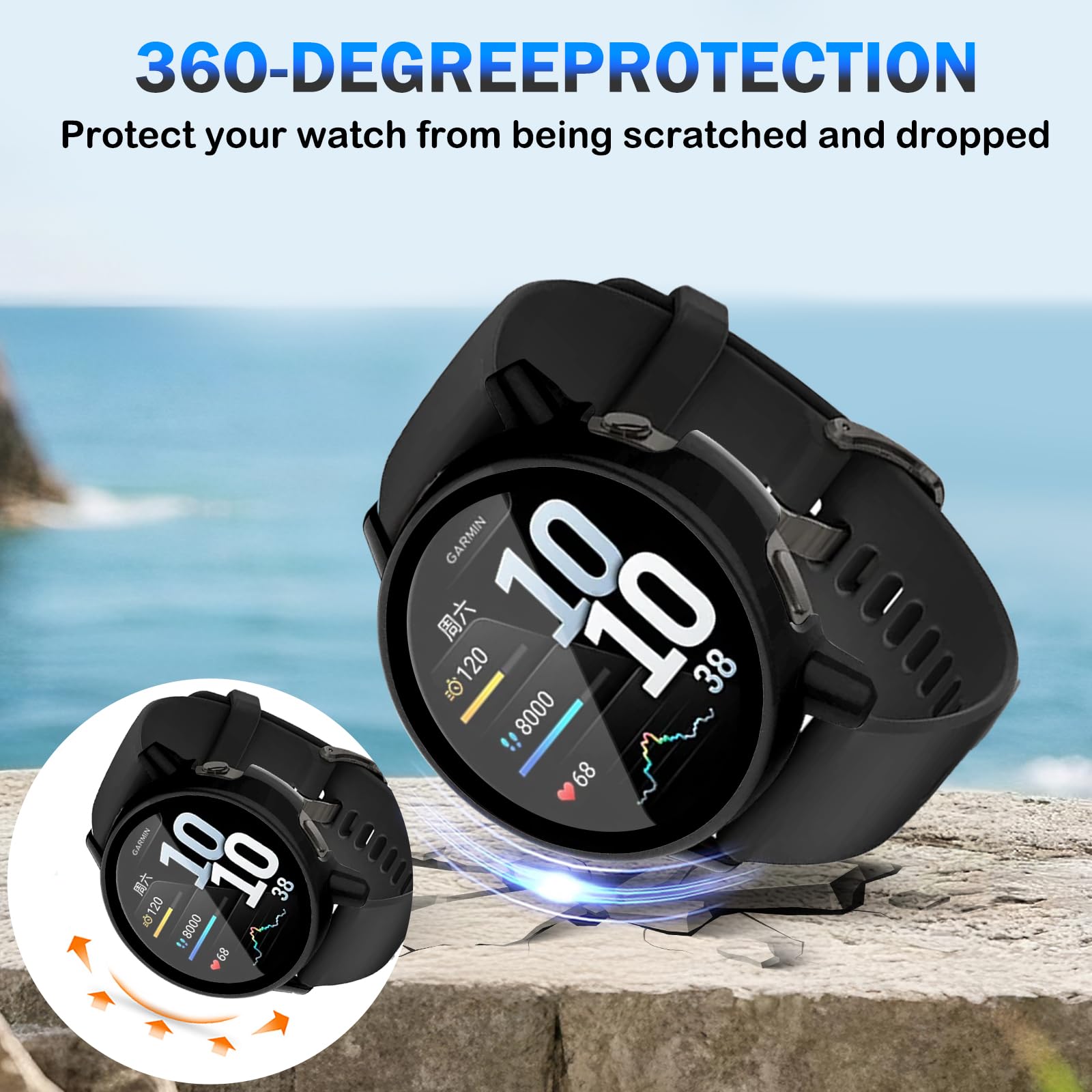 Etui ochronne na ekran smartwatcha Garmin Venu 4 45 mm, pełne pokrycie HD, ultracienkie, odporne na zarysowania, wtyczka przeciwpyłowa + twardy PC ochronny z wbudowaną folią hartowaną (czarne)