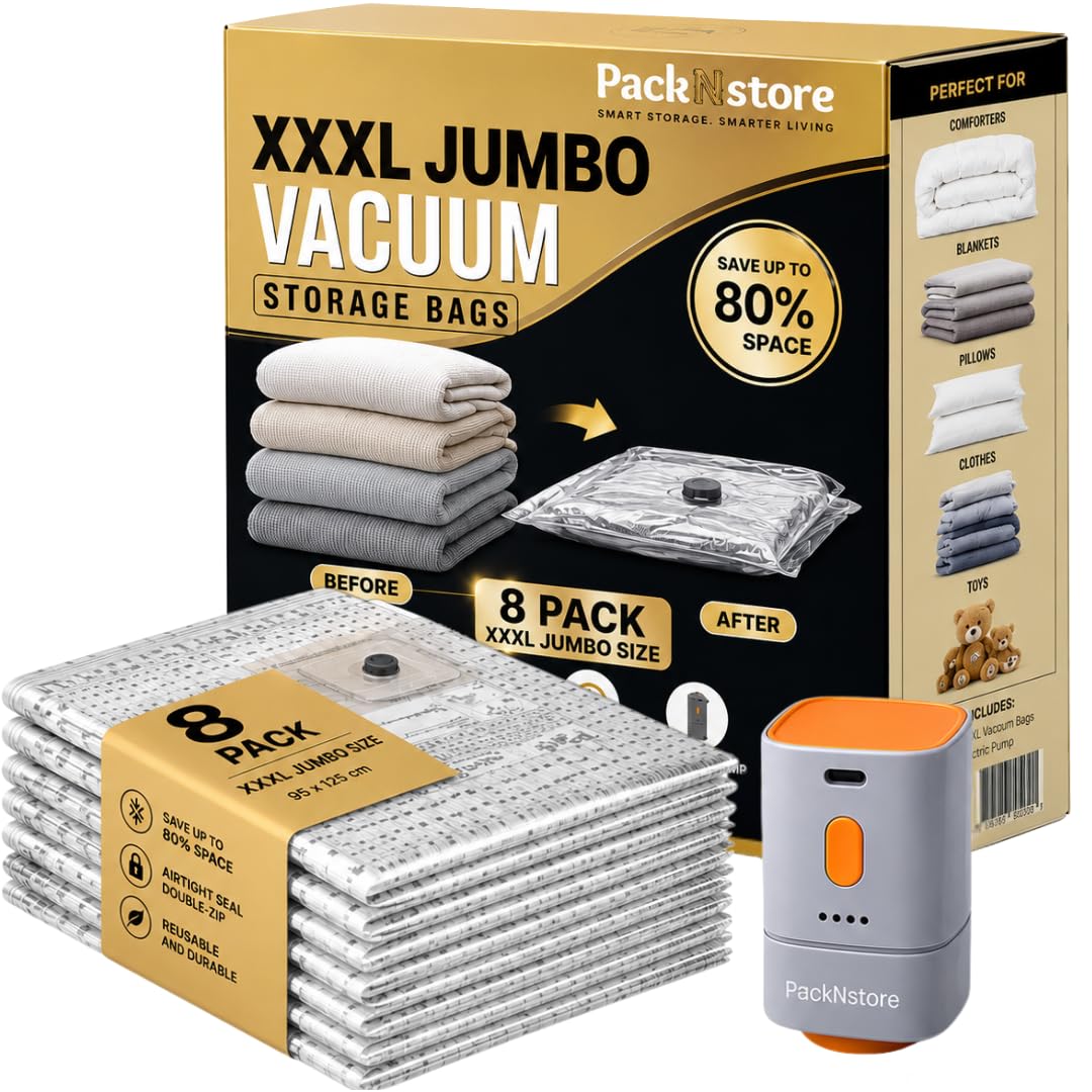 Jumbo Vacuum Storage Bags for Bedding, XXXL 8 Pack (37.5×49.2 In) with Electric Pump, Thick Space Saver Bags, Double Zipper Airtight Seal