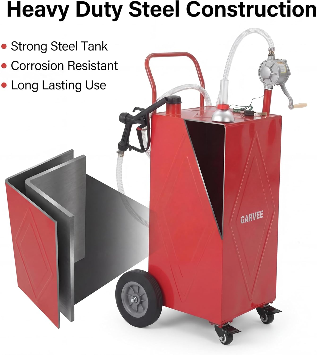 Garvee 35 Gallon Portable Fuel Caddy with Manual Rotary Pump, Heavy-Duty Steel Transfer Tank on 4 All-Terrain Wheels, Mobile Gas & Diesel Storage Container for Trucks, Boats, ATV, Lawn Mower - Red