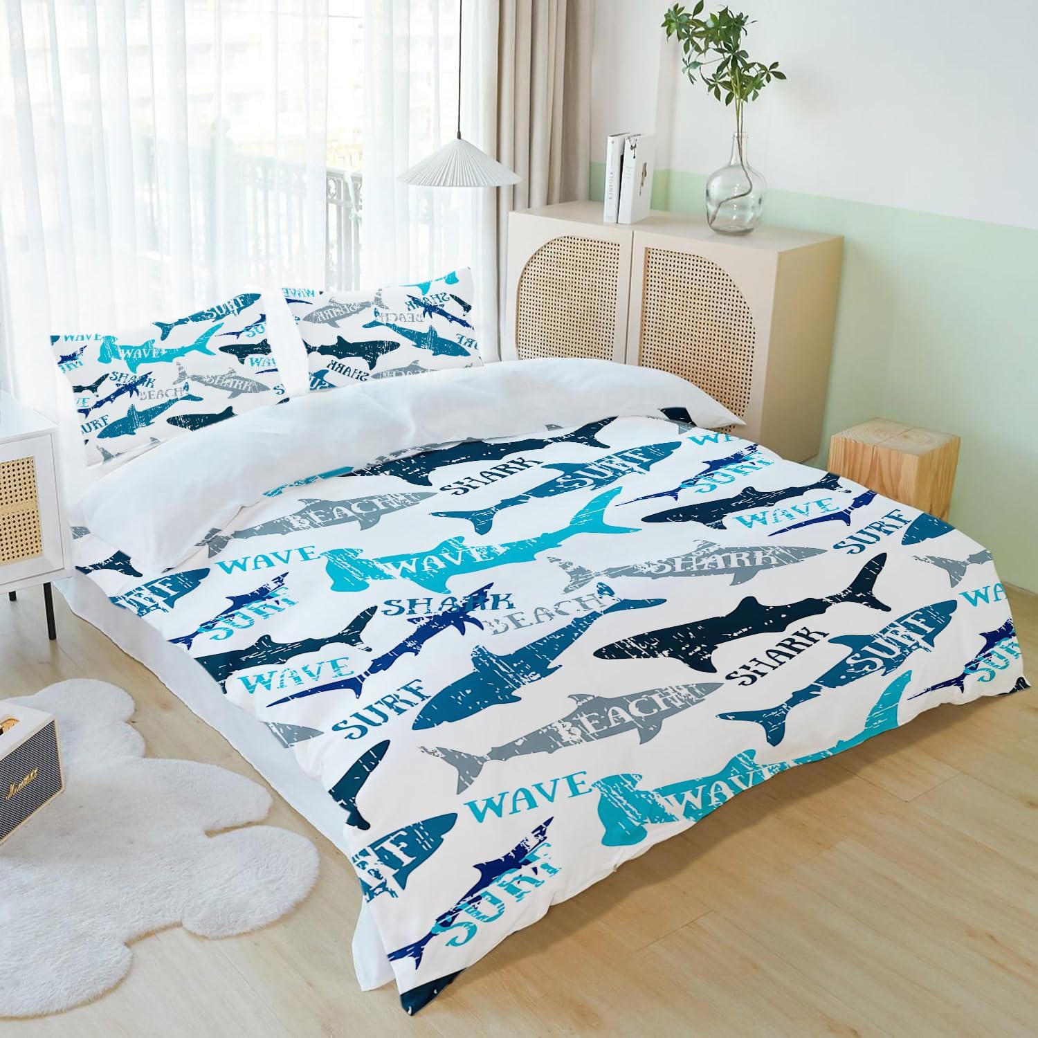 Shark Bedding Set Deep Sea Animal Duvet Cover Ocean Hammerhead Shark Comforter Cover for Kids Boys Girls Seafood Quilt Cover Child Room Decor Twin Size