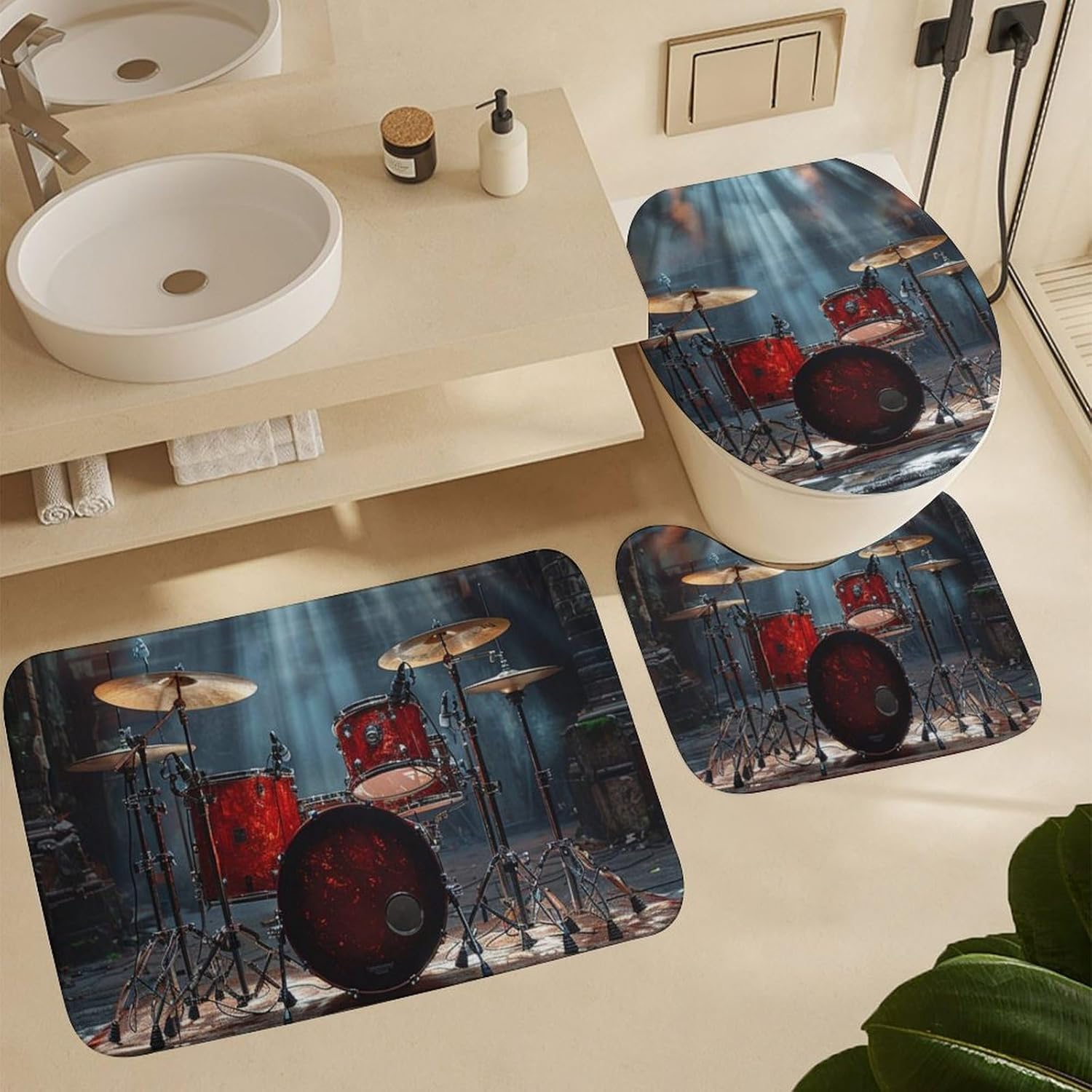 4Pcs Classic Drum Kit Shower Curtain Sets, Bath Mat and Rugs, Vintage Music Instrument Shower Curtain with Hooks for Bathroom
