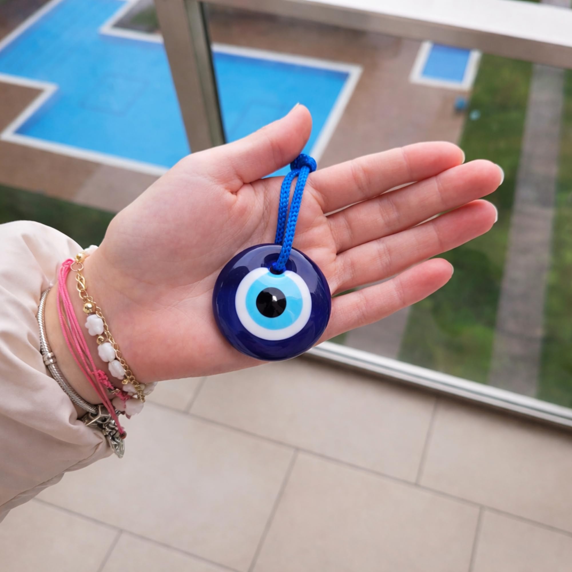 Erbulus Handmade Set of 3 Blue Glass Turkish Evil Eye Hanging for Home Entrance, Nazar Battu Protection Amulet for Good Luck & Prosperity – Main Door & Wall Decor 3