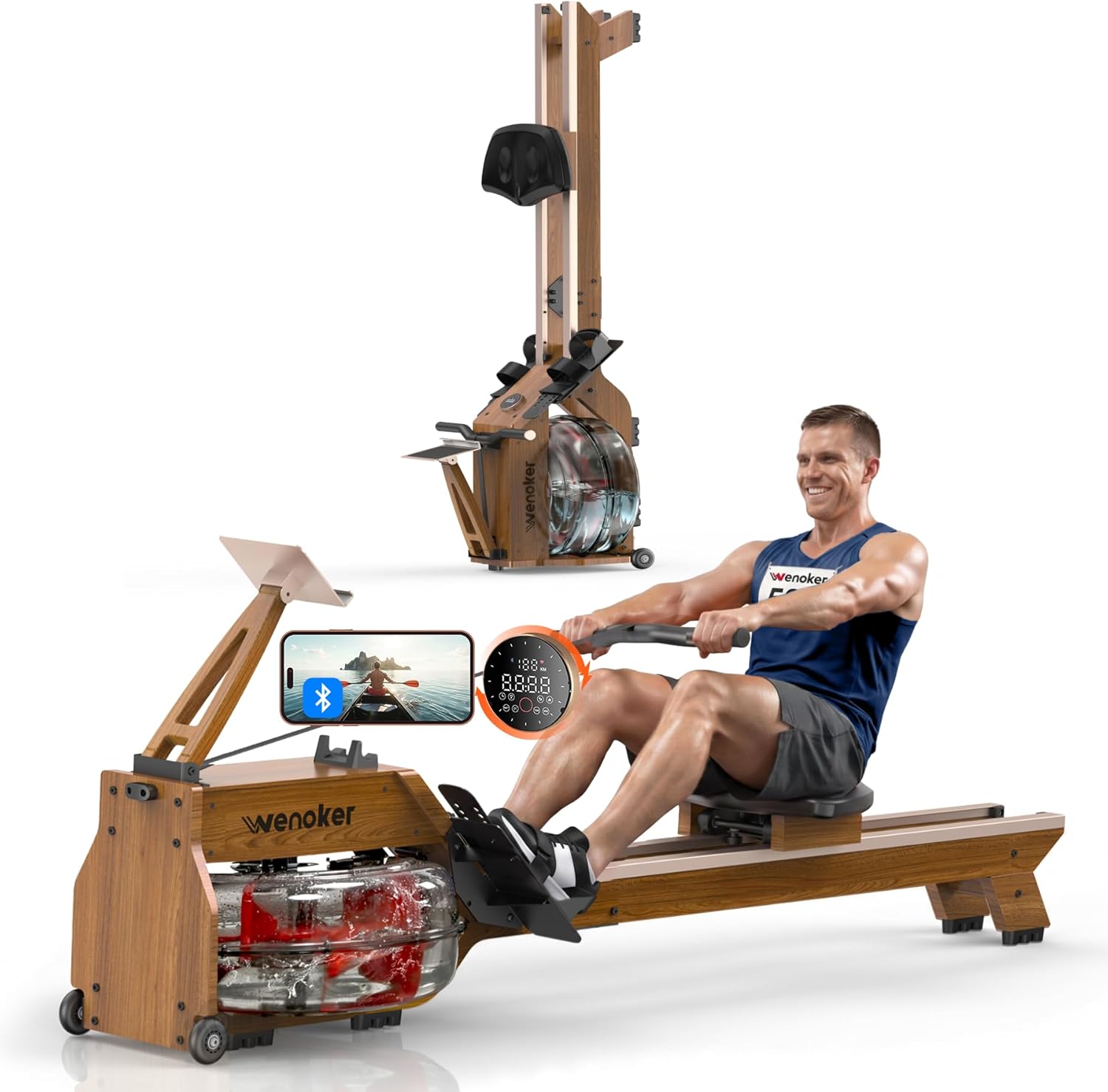 WENOKER Water Rowing Machines for Home Use, Water-Magnetic Dual Resistance Professional Rower Machine with Smart Electronic Knob,Wooden Row with Bluetooth App Compatible for Home Gym Exercise 400 LBS