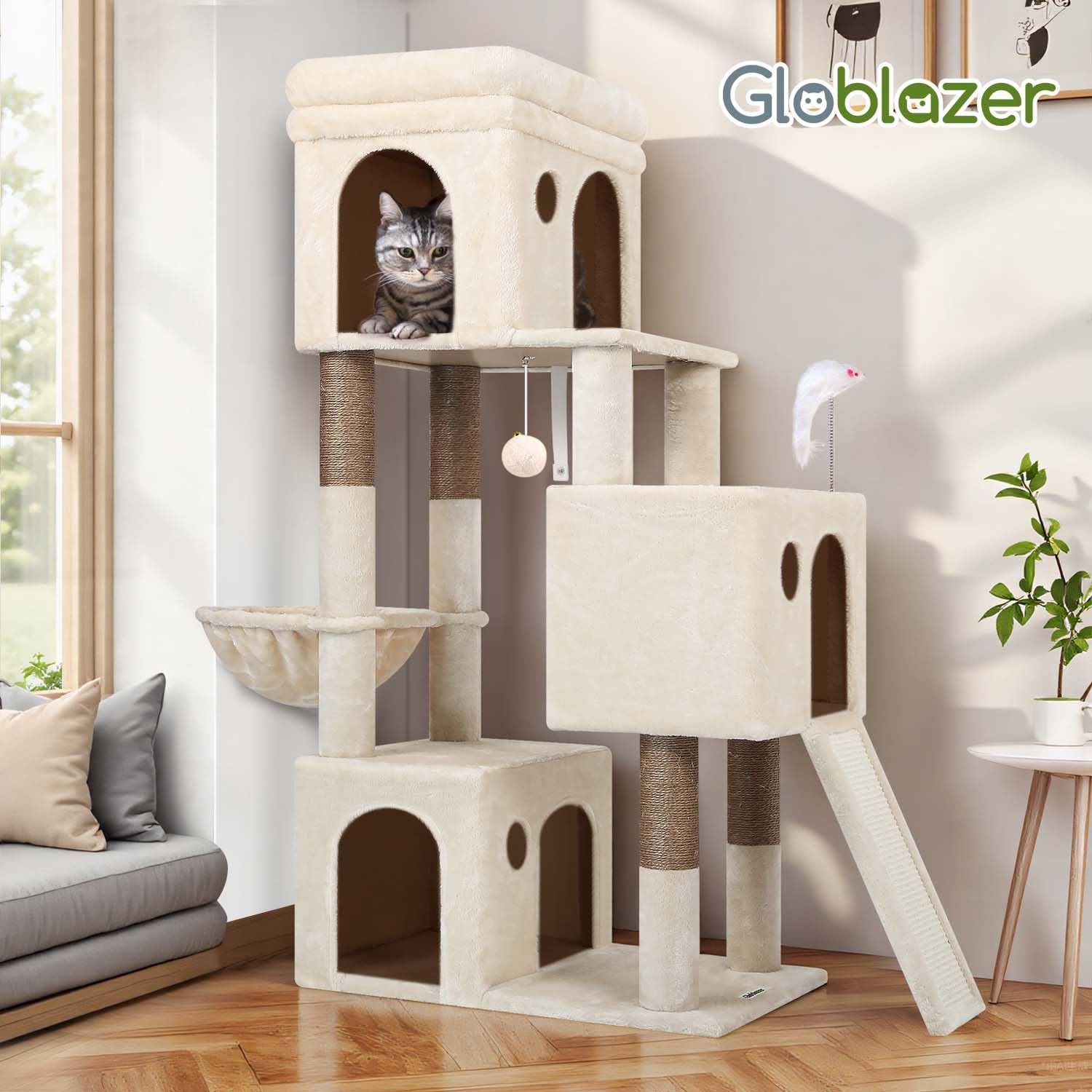 Globlazer Árbol Rascador Beige para 2-4 Gatos con 3 Grandi Nidos 40 * 33 * 35cm, Plataformas, Tabla Rascar Sisal, Cesta, Juguetes, Estable Torre Rascador Alto 133 cm para Gatos Grandes (F52B, Beige)
