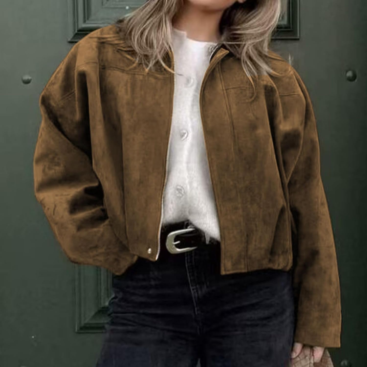 Xunger Women's Faux Suede Bomber Jacket Spring Lapel Pilot Coat Casual Oversized Long Sleeves Trendy Streetwear Outerwear - Image 2